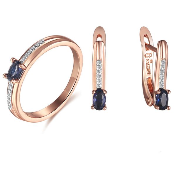 Conjuntos de Jóias para Casamento Conjunto FJ Feminino 585 Ouro Rosa Oval Pedra Azul Rodada Anéis Brincos 230804