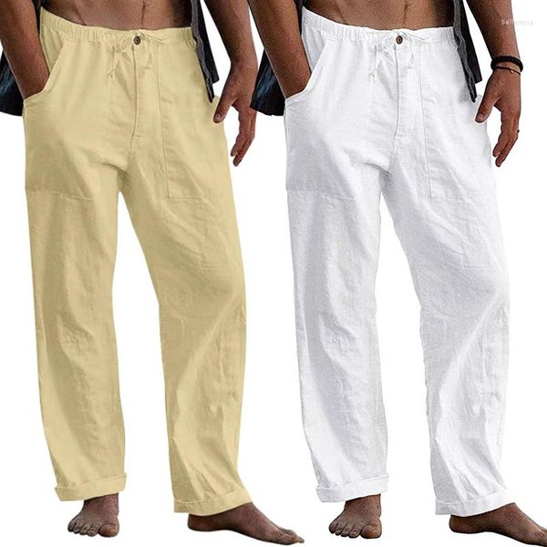 Calças masculinas de verão casual de linho de algodão perna larga tamanho grande youga respirável sólido calças masculinas esportes streetwear