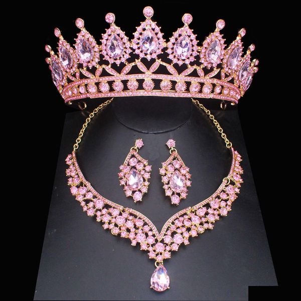 Conjuntos de joias de cristal rosa nupcial para mulheres, meninas, princesa, tiara, coroa, brinco, colar, acessórios de formatura, 230131, entrega direta, Dhv25