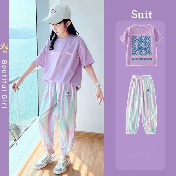 Kleidungssets Sommer Mädchen Baumwolle Lavendel T-Shirt Tops + Bunte Streifen Set Schule Kinder Trainingsanzug Kind Outfit Jogginganzug 5-16 Jahre