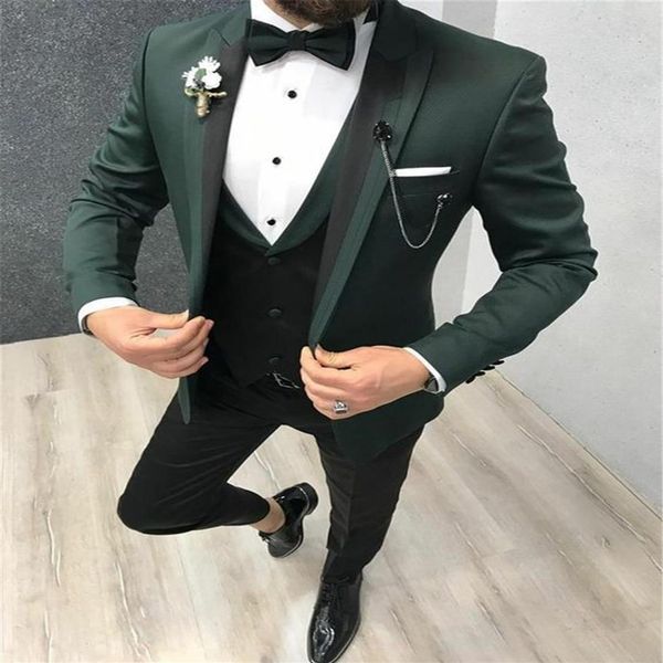 Classic Style One Button Dark Green Groom Tuxedos Peak Lapel Wedding Prom Dinner Groomsmen Men Suits Blazer Jacket Pants Vest Tie247c