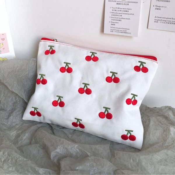 Kosmetiktaschen Kirsche Stickerei Reißverschluss Lippenstift Tasche Ins Kawaii Retro Mädchen Leinwand Make-up Fall Lagerung Neceser Organizer