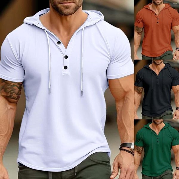 Camisetas Masculinas Camisa com Capuz de Cor Sólida Bottom Bottom Sleeve Short Sports Tops Homens Grandes e Altos