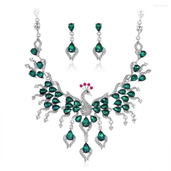Halskette Ohrringe Set luxuriöser Mode mehrere Kristallschmuck Pfauen Lätzchen grüne Sets für Frauen