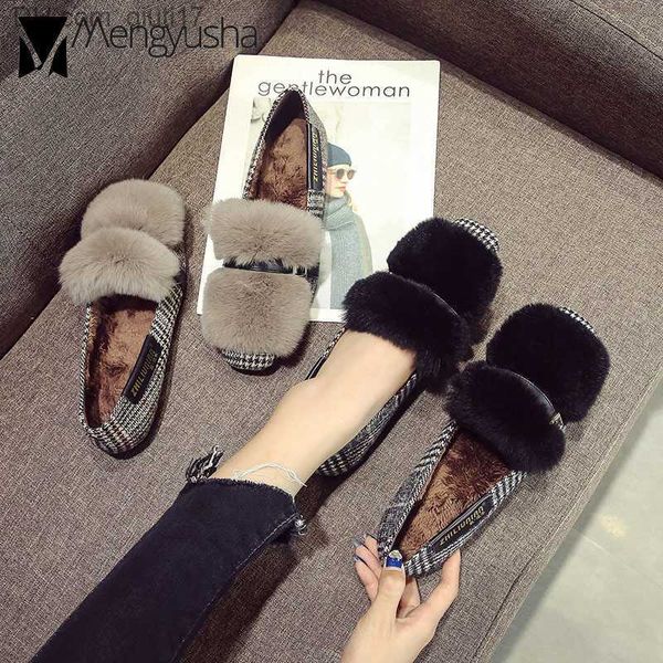 Pantofole New Winter Rabbit Fur Flat Women's Plaid Cotton Shoes Cintura Warm Mocassino pieghettato Cappotto di pelliccia da donna Large Size Z230805