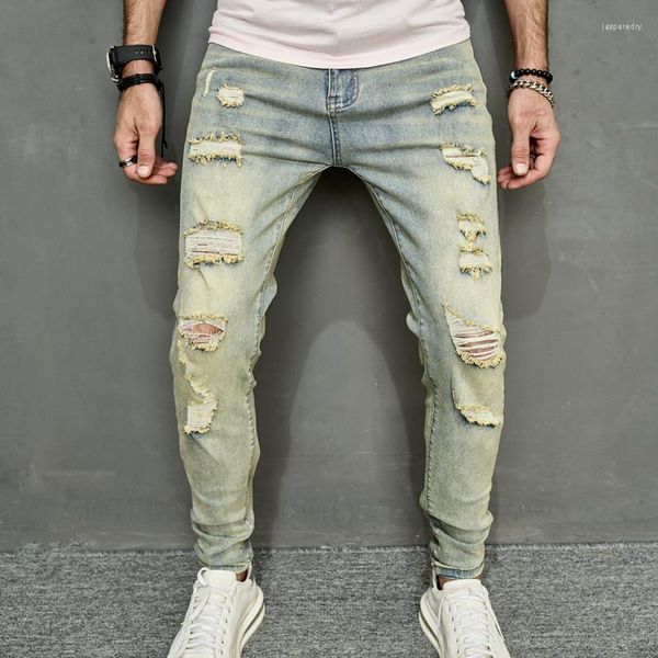 Erkekler Kot Bahar Erkekler Vintage Yırtık Pantolon Yüksek Sokak Hip Hop Şık Delikleri Satıda Rahat Erkek İnce Kalem Denim Pantolon