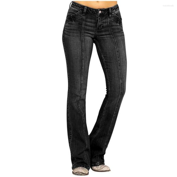 Calças jeans femininas de cintura média para mulheres Vintage boca de sino com botões justos Calça flare casual skinny feminina larga