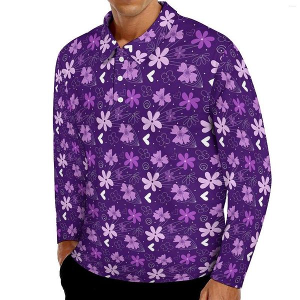 Polo da uomo T-shirt casual con fiori margherita Polo con stampa floreale viola Maschile Trendy Autunno Manica lunga Graphic Top Taglia grande