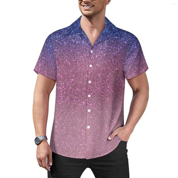 Camisas casuais masculinas com estampa de glitter camisa de férias azul rosa brilhante verão masculino blusas engraçadas manga curta gráfico top tamanho grande