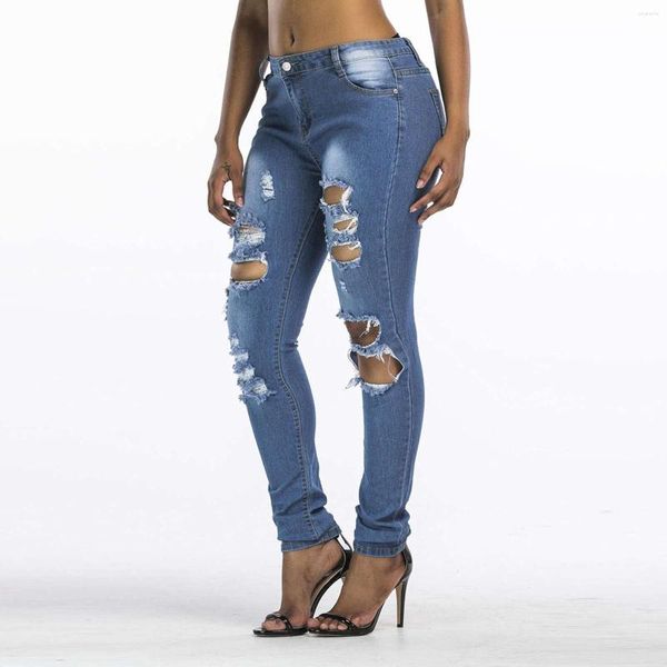 Saldi di jeans da donna per donna 2023 Pantaloni a vita alta sexy strappati Pantaloni lunghi in denim skinny a piedi piccoli Pantaloni femminili sottili