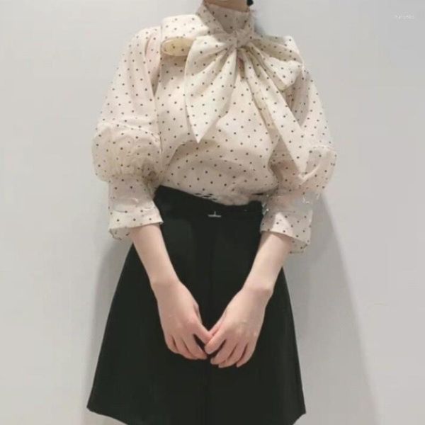 Kadınlar bluzlar Dutrieux Japonya Vintage Fener Kollu Gömlek Kadın Bahar Organza Peri Şifon Dantel Yukarı Yay Polka Dot Blusas de Mujer