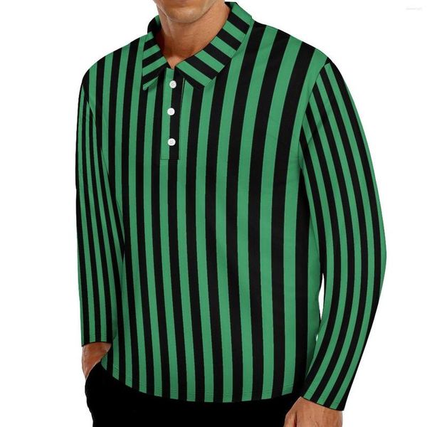 Erkek Polos Şeker Çizgili Sıradan Tişörtler Erkek Yeşil ve Siyah Uzun Kollu Polo Gömlek Dönüşü Down-Down Bointage Günlük Baskılı Gömlek 4xl 5xl