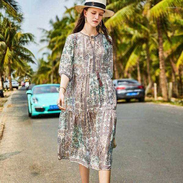 Lässige Kleider High-End-Seide bedruckt O-Ausschnitt Quasten Dreiviertelärmel Damen 2023 Sommer Urlaub am Meer Mittellanges Kleid S-XL