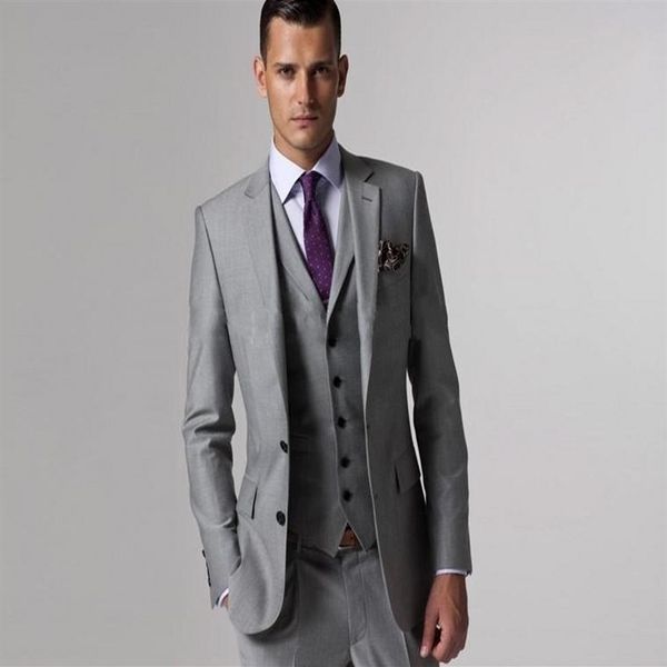 Handsome Side Vent Light Grey Groom Tuxedos Groomsmen Notch Lapel Man Suit Wedding Men's Blazer Suits Jacket Pants Vest260m