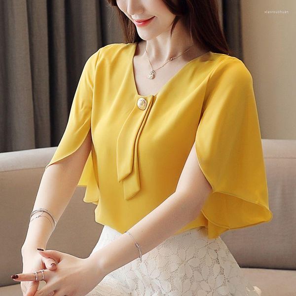Blusas Femininas Camisa Chiffon Amarela Primavera Verão Moda Blusa 2023 Decote em V Manga Curta Feminino Estilo Coreano Elegante Cor Sólida