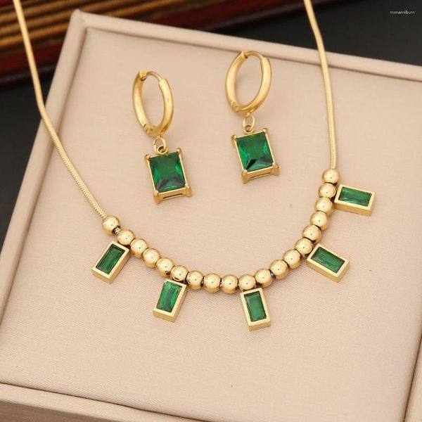 Correntes A001 Colar Esmeralda Zircônia Conjunto Pedra Verde Pulseira Aço Inoxidável Brinco CZ Qualidade Superior