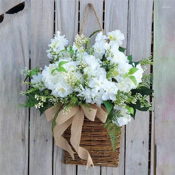 Flores decorativas penduradas cesta de flores de vime guirlanda artificial ornamento para porta da frente decoração de festa