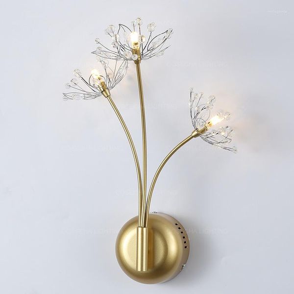 Lampada da parete Lampade di cristallo Luci da comodino in oro nordico Lampadario di lusso a soppalco Luce di tarassaco fiore Art Déco giapponese