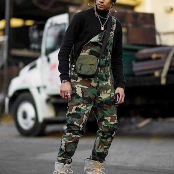 Macacão masculino com um ombro só, moda jeans, macacão casual com estampa de camuflagem, agasalho de treino, calça suspensa camuflada