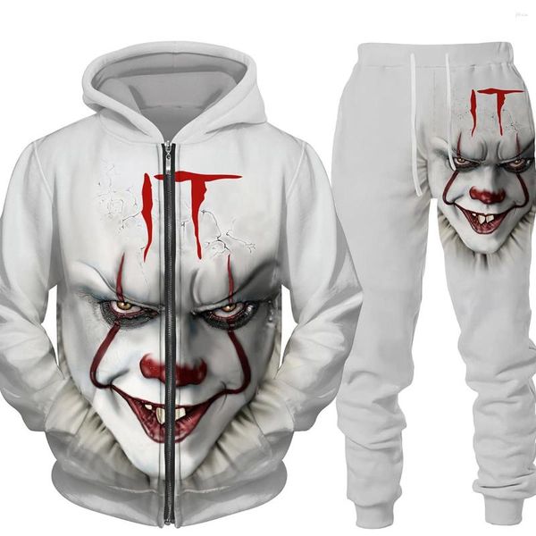 Felpe con cappuccio da uomo Horror da uomo The Clown Stampato Zipper Pant Set Unsiex Halloween Party Costumne Abbigliamento con cappuccio Abiti Giacche / pantaloni sottili