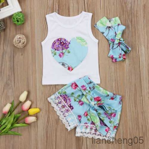 Kleidung Sets Neue 3 Stücke Mädchen Sommer Kleidung Set Kleinkind Kleidung Baby Blumen Weste Tops + Spitze Shorts Outfits Mädchen blume Set R230805