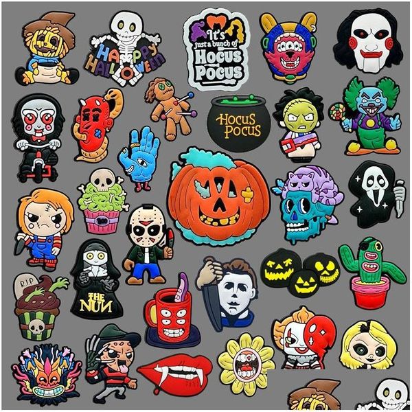 Accessori per cartoni animati Halloween Moq 1000Pcs Ciondoli per zoccoli all'ingrosso 2D Pvc morbido Film orribili Fibbie per scarpe Decorazioni Fit Braccialetti per bambini Dh3Pn