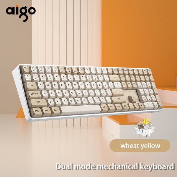 Capas de teclado Aigo A108 Gaming Mechanical 2 4G sem fio USB Tipo c Com fio Interruptor amarelo 110 Chave de troca recarregável Gamer 230804