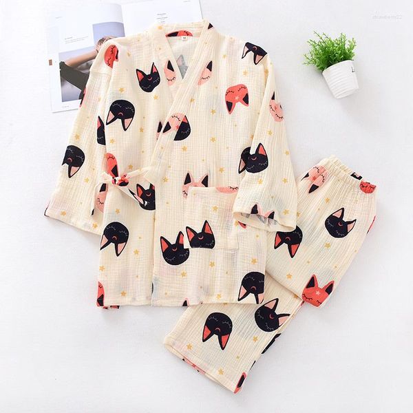 Roupa de Dormir Feminina Bonita Estampa Desenho Animado 2 Pçs Algodão Quimono Camisola Sexy Senhora Pijama Terno Roupas para Casa Roupas para Casa Lingerie de Verão Roupão de Banho