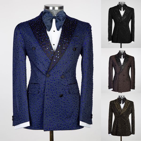 Fatos de casamento masculinos brilhantes com lapela pontiaguda smoking miçangas de cristal desgaste do noivo 2 peças (blazer + calça) baile de formatura festa à noite feito sob encomenda