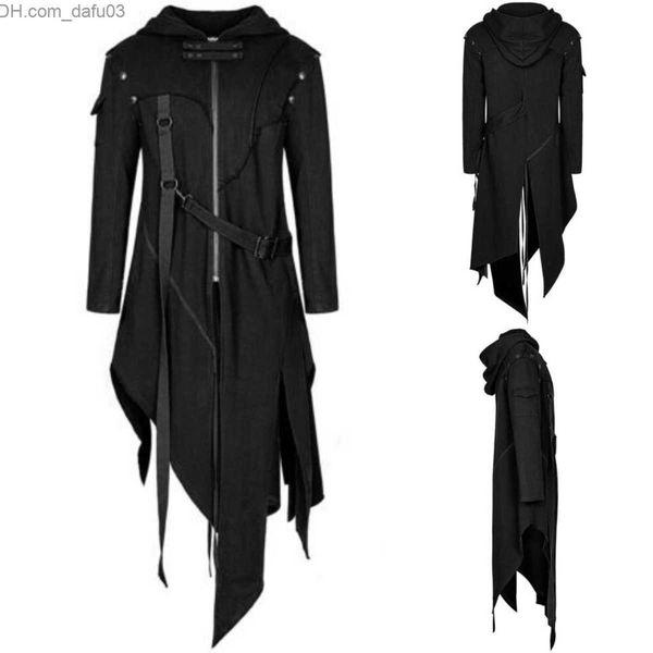 Traje Tema Vintage Halloween Medieval Steampunk Assassino Gênio Pirata Adulto Preto Longo Dividido Jaqueta Gótica Armadura Jaqueta de Couro Z230805