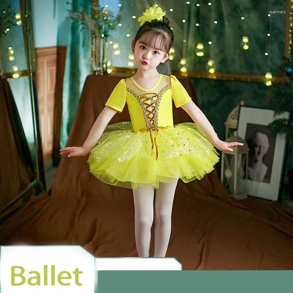 Traje de palco Vestido de dança de balé amarelo Crianças Meninas Sem Mangas Malha Tule Collant de Ginástica Performance Trajes Líricos