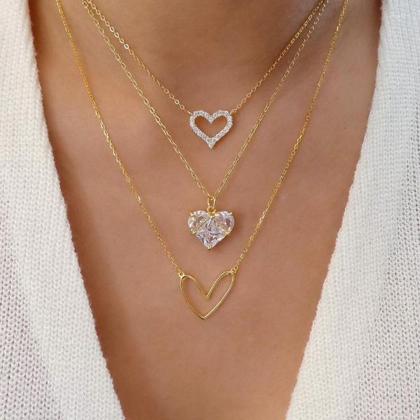 Pendant Necklaces Vintage Gold Color Multilayer Heart Necklace For Women Fashion Crystal Hollow Love Star Moon Charm Chain Collar Jewelry