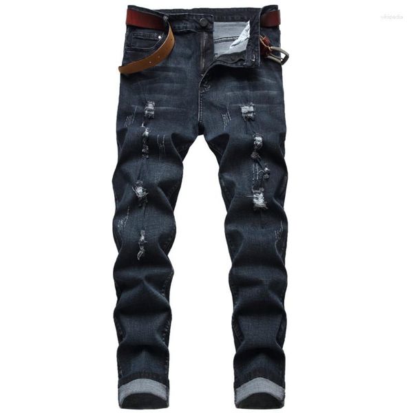 Männer Jeans Männer Schwarz Zerrissene Denim Marke Gerade Slim Fit Lange Hosen Mode Männliche Stretch Löcher Größe 42