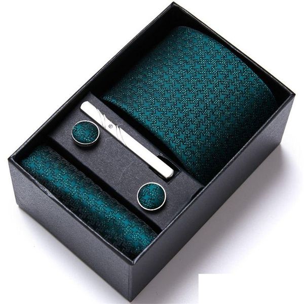 Set di cravatte da collo Top Quality 7,5 Cm Cravatte da lavoro Hanky Clip per gemelli Cravatta verde Corbatas per uomo in confezione regalo Slim Gravatas 220810 Dro Dh6N4