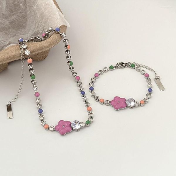 Colar Brincos Conjunto Estilo Coreano Flor Rosa Pingente Pulseiras Coloridas Cristal Frisado Doce Cool Neckchain Moda Enfeite De Pescoço/Pulseira