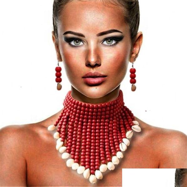 Parure di gioielli Collane grosse con dichiarazione africana per le donne Mti Strand Colorf Collana a strati con perline Orecchini per costumi di moda Set 220810 Dh6I9