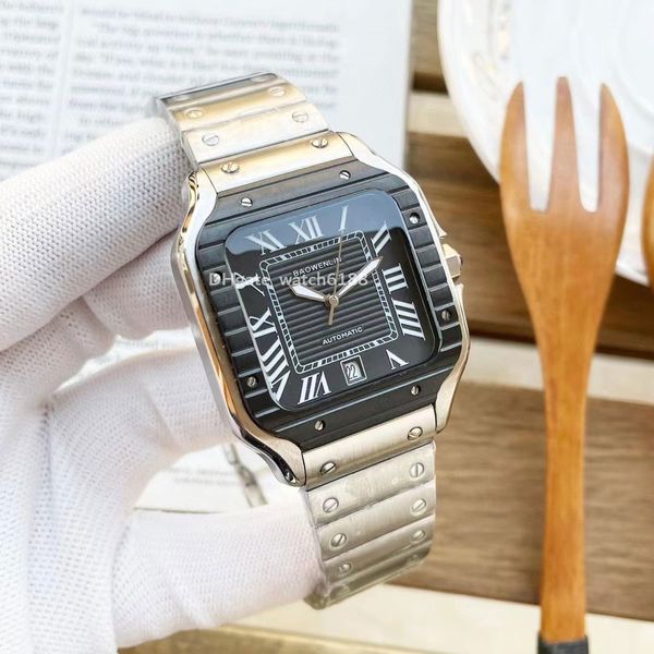 Alta qualidade Mens Watch Gold Square 40mm Geneva Genuíno Aço Inoxidável Preto Pulseira Moda Auto Data Relógios Montre De Luxe Relógios de Pulso ouro e relógio de prata