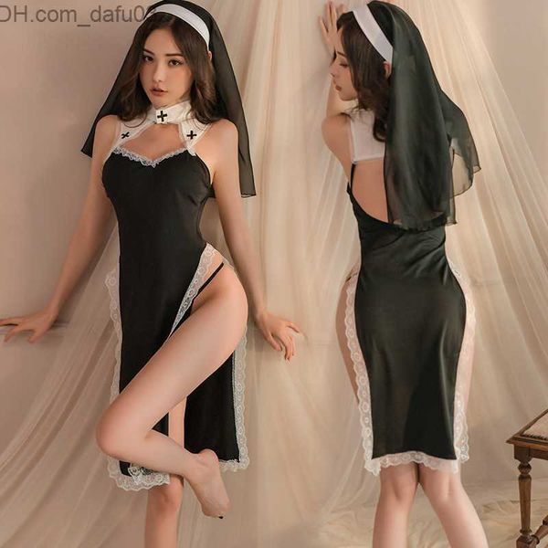 Tema Traje Sexy Nun role-playing Halloween chega Kawaii lingerie de renda uniforme sexual anime Conjunto de RPG gótico Conjunto de vestido longo feminino Lolita Z230805