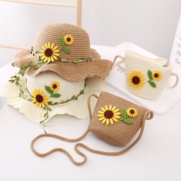 Breite Krempe Hüte Mädchen Strand Prinzessin Hut Sonnenblende Kinder Blume Stroh Tasche Set Sonnenschutz Sommer Mode Lässig