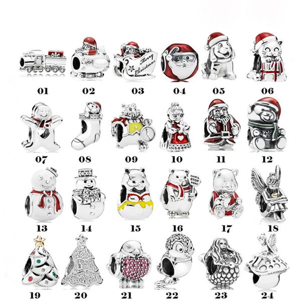 S925 Sterling Silver Charm Animal Christmas Snowman Train Gift Box Beading Original Pandora Bracelet DIY Acessórios Beads Frete Grátis