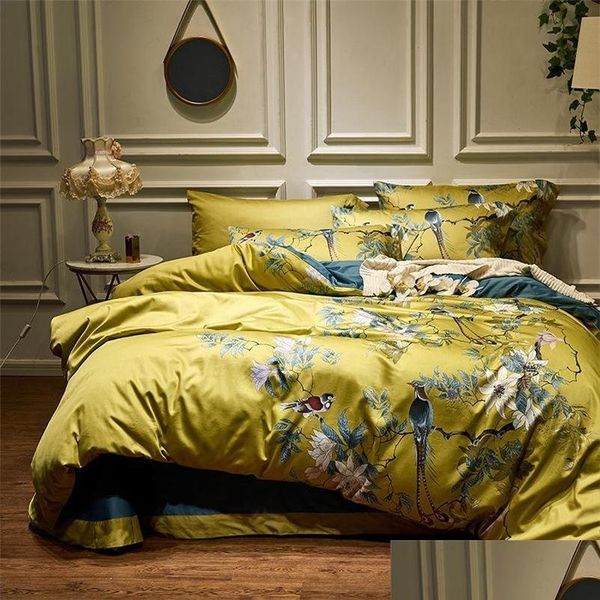 Bettwäsche-Sets, seidige ägyptische Baumwolle, gelb, Chinoiserie-Stil, Vögel, Blumen, Bettdecke, Bettlaken, Spannbettlaken, King-Size-Größe, Queen-Size-Bett 201128 Drop DHFM1