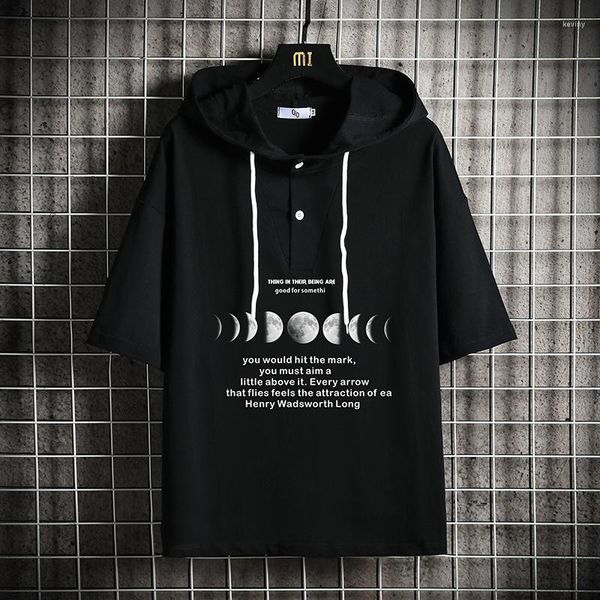 Herren T-Shirts Moon Herren Sommer bedrucktes Kurzarmhemd mit Kapuze Hip Hop Tops T-Shirts Streetwear Sport T-Shirt Plus Size 5XL Kleidung