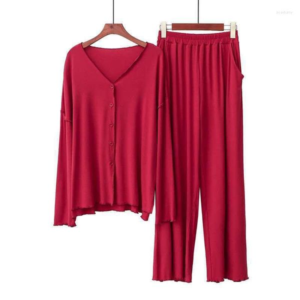 Roupa de dormir feminina modal feminina camisola sexy pijama terno 2 pçs roupa de dormir vermelha camisa casual calças conjuntos de pijama primavera roupas para casa