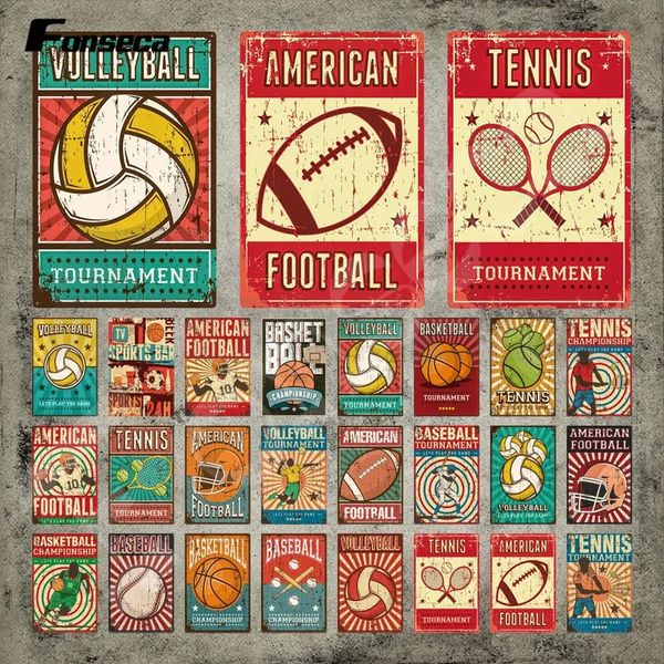 Jogos de Bola Placas Vintage Estanho Voleibol Futebol Americano e Tênis Placa de Metal Esportes Clássicos Cartaz de Metal para Decoração de Campo de Esportes Decoração de Sala de Casa 30X20CM W01