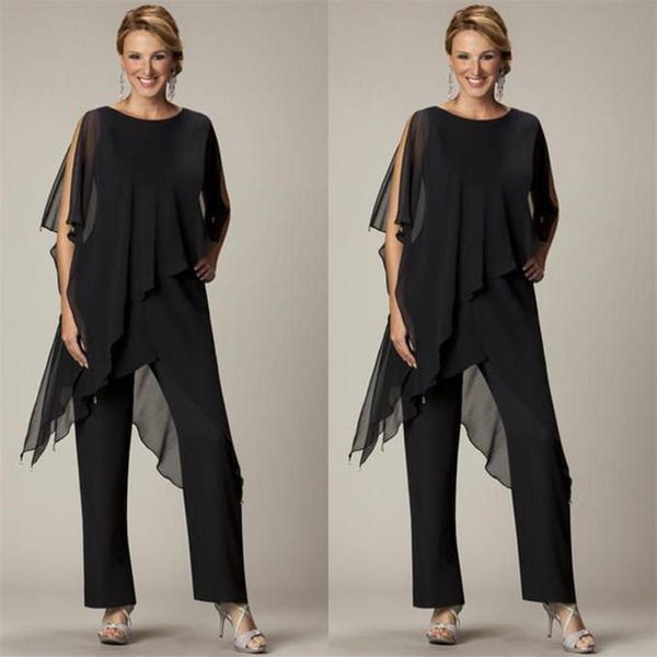 Abiti economici a due pezzi Pantaloni per la madre della sposa Gioiello Mezza manica Plus Size Abiti da sera in chiffon nero Beach Wedding Party305h