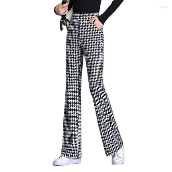 Calça Feminina Preto Branco Lattice Trumpet Pant Outono Inverno 2023 Cintura Alta Lã Micro Calças Reta Lazer