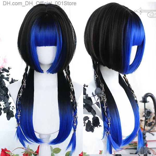 Synthetische Perücken Houyan Langes glattes Haar Synthetische Perücke Mädchen Liu Hai Blau Schwarz Ji Haar Lolita Rollenspiel Natürliche Perücke Party Perücke Z230805