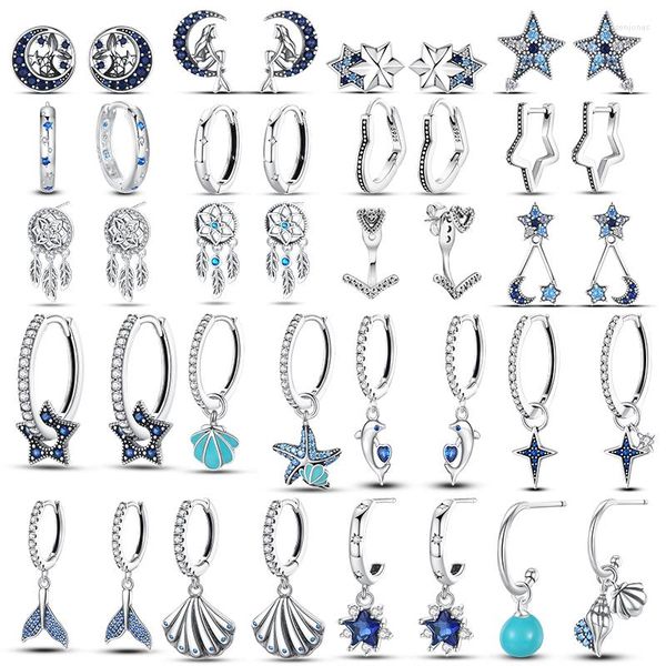 Brincos de argola Prata 925 Charms Plata De Ley Jóias Moda Feminina Bonito Minúsculo Cristal Transparente CZ Stud Star Dolphin Starfish