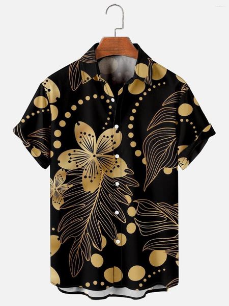 Camisas casuais masculinas 3D manga curta camisa flores preto impressão ouro verão Havaí vintage para homens e mulheres