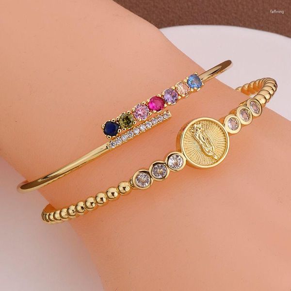 Pulseira de luxo colorido zircão dourado feminino joias moda virgem maria aberto ajustável charme pulseira 2023 na moda